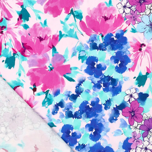 [KI-20852-660] Stretch visc. poplin flowers blauw