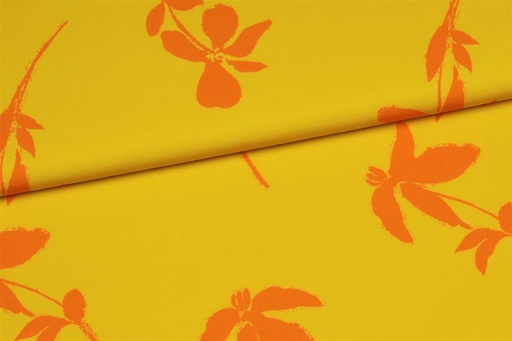 [PN-0205552-28] Polyester Bi-Stretch Salmon Flower on Lime