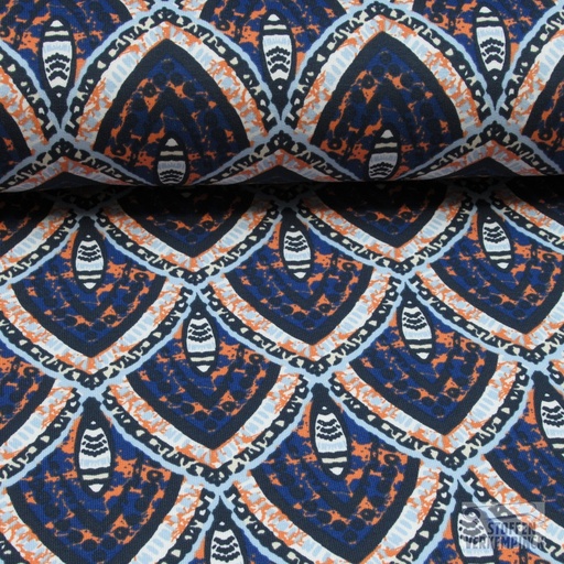 [QT-PC5009-960] French Terry Bali Leafs Denim/Orange