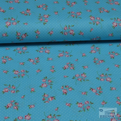 [ZA-06006-03] Popeline Print Roosjes / Stippen Turquoise