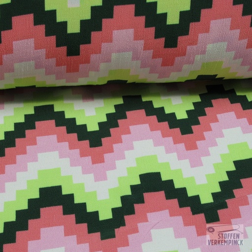 [BEW-1073 LAGERE PRIJS] Viscose Crêpe Geometrie Roze / Groen