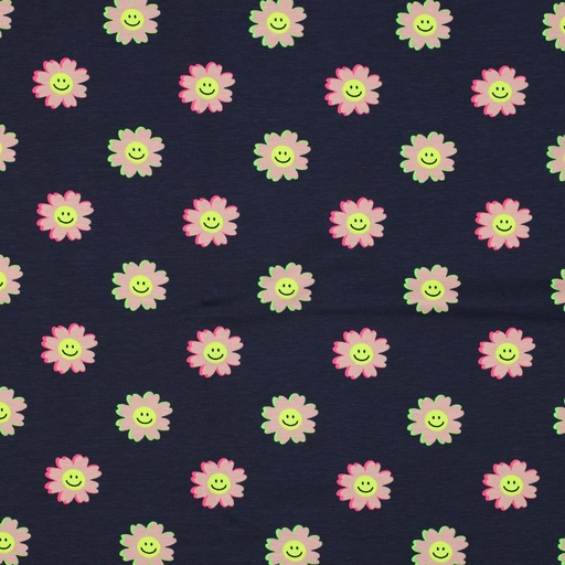 [VE-03075-003] Jersey Neon Happy Flowers Navy