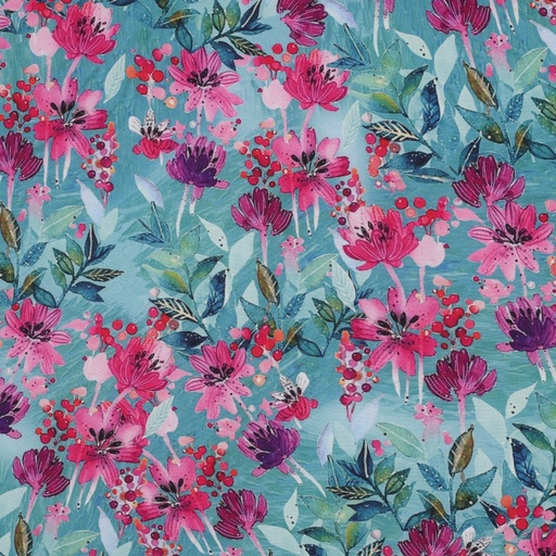 [VE-03400-001] Viscose Digital Pink Flowers on Blue
