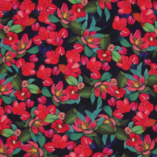 [VE-03402-001] Viscose Digital Red Flowers on Navy