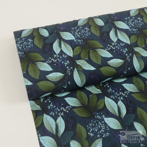 [ST-24011-15] Jersey Digital Decorative Leaves Kaki/Aqua
