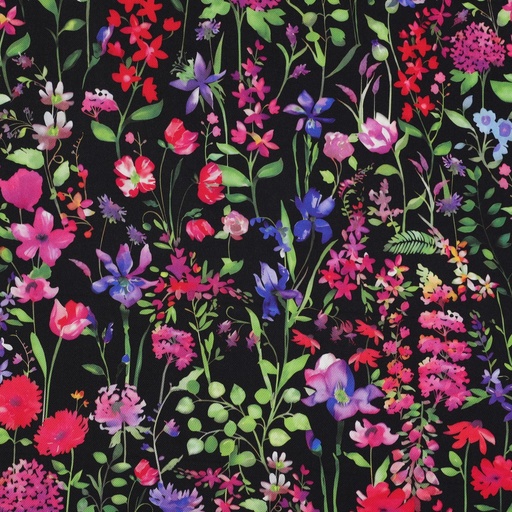 [VE-04454-001] Viscose Satin Digi. Field Flowers Black