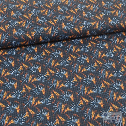 [ZA-5002-09.09] Popeline Ruit/Bladmotief Blauw/Oranje