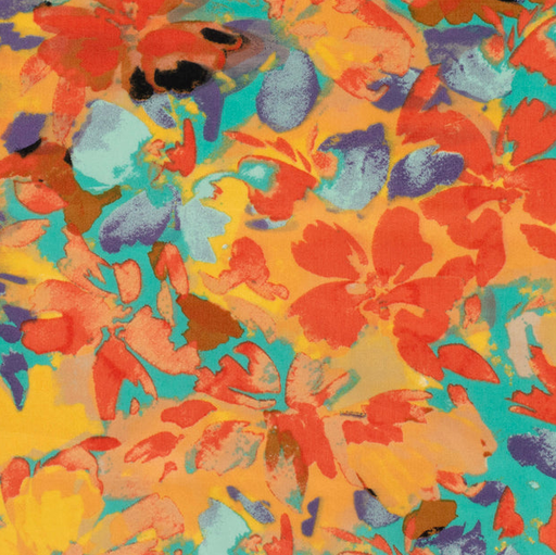 [NO-23103-124] Cotton Satin Flowers Orange/Aqua