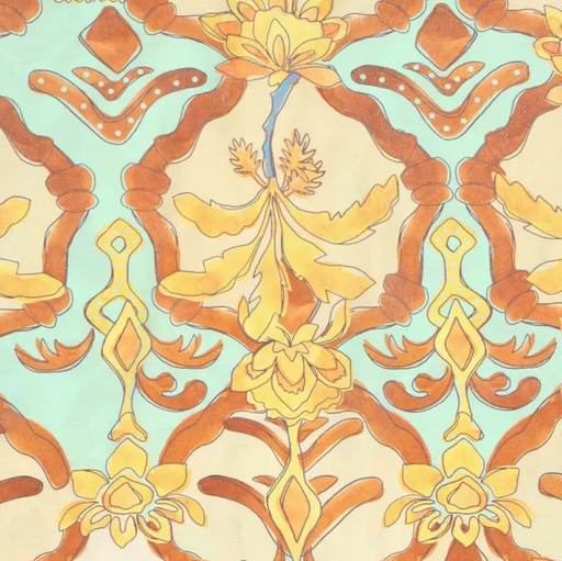 [KI-21665-570] Viscose Glans French Florals Rust/Aqua