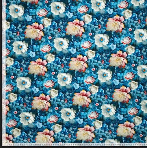 [POL-923477-70] Viscose Jersey 3D Floral Blue/Wine/White