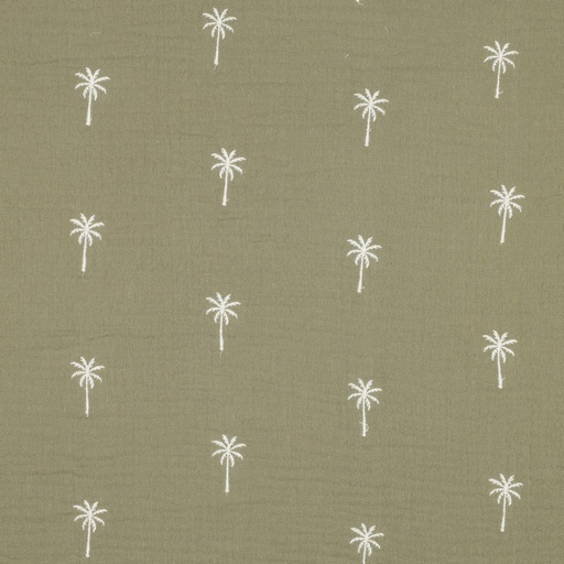 [VE-03647-041] Double Gauze Embroidery Palm Trees Moss Green