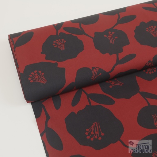 [POL-FM31068-10] Poplin Black Flower on Bordeaux