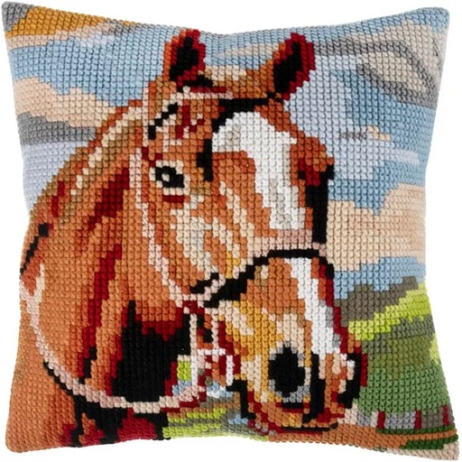 [DI-GCS154] Kruissteekkussen kit 40cm x 40cm bruin paard incl kussenrug met rits