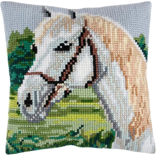 [DI-GCS153] Kruissteekkussen kit 40cm x 40cm wit paard incl kussenrug met rits