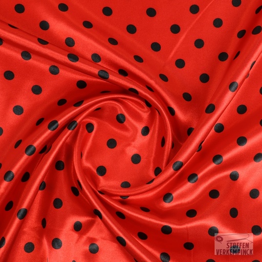 [ZA-005191-01] Satijn Zwarte Bolletjes diam. 1 cm. op Rood