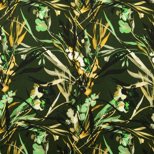 [HE-211903-0002] Viscose Satin Digital Leaves & Blossom Green