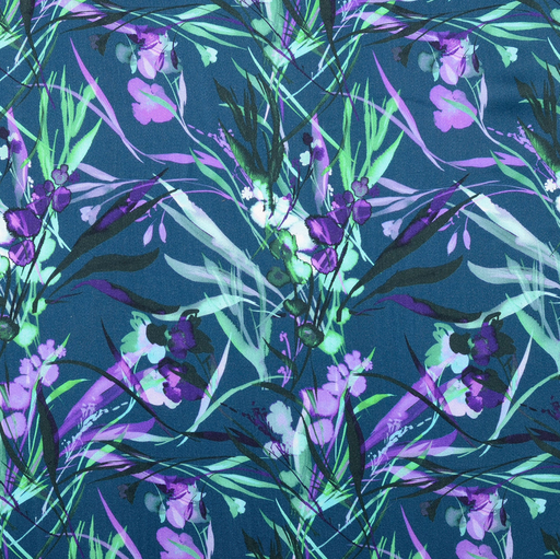 [HE-211903-0004] Viscose Satin Digital Leaves & Blossom Blue