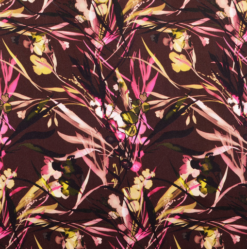 [HE-211903-0006] Viscose Satin Digital Leaves & Blossom Bordeaux