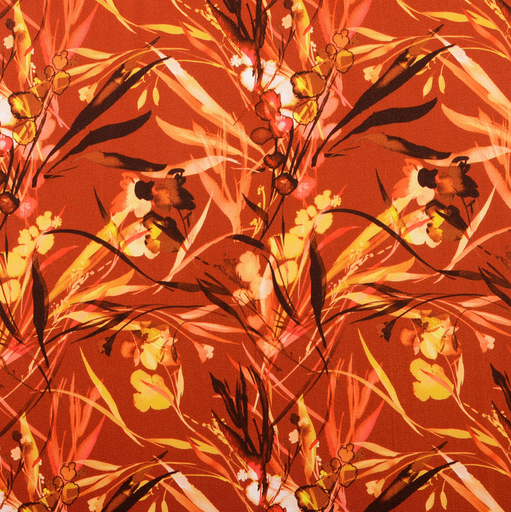 [HE-211903-0007] Viscose Satin Digital Leaves & Blossom Orange