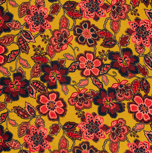 [NO-24027-034] Polye. Satin Velvet Retro Flowers Oker