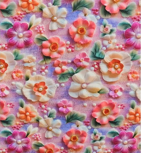 [MU-5827-1513] Katoen poplin 3D Blossom - Lavendel/Rose