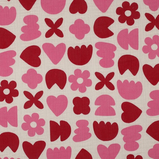 [VE-06576-001] Double Gauze Bio Love shapes Fuchsia/Ecru