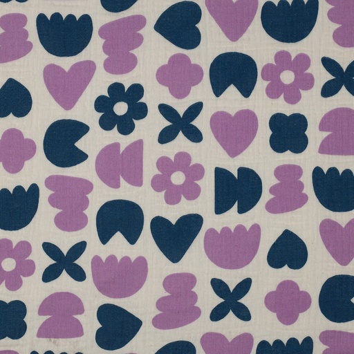 [VE-06576-002] Double Gauze Bio Love shapes Petrol/Ecru