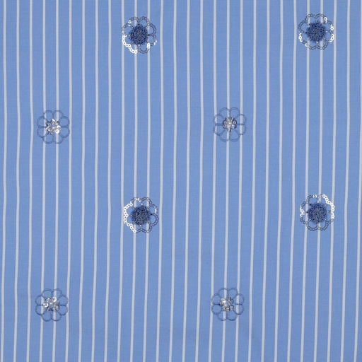 [VE-03989-001] Cotton Stripes Sequins Flowers Blue