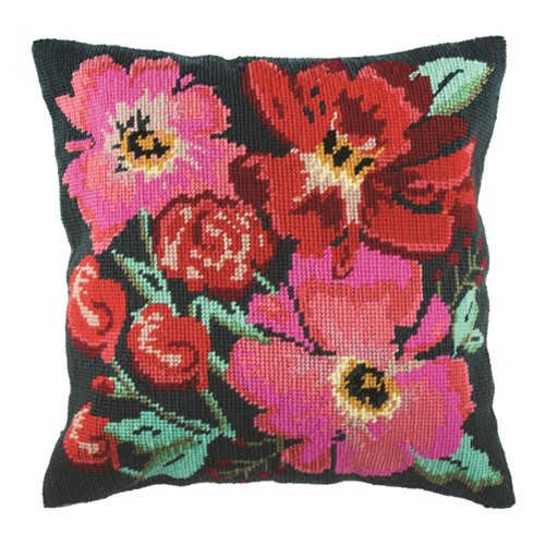 [DI-GCS83] Borduurpakket Kussen 40cm x 40cm Geschilderde bloemen incl kussenrug met rits   