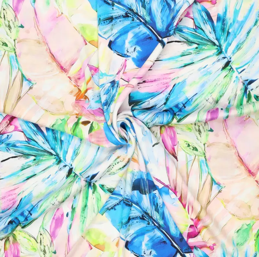 [Ki-22589-316] Cezanne Silky Viscose Satin Stretch Maxi Leaves Blue/Rose