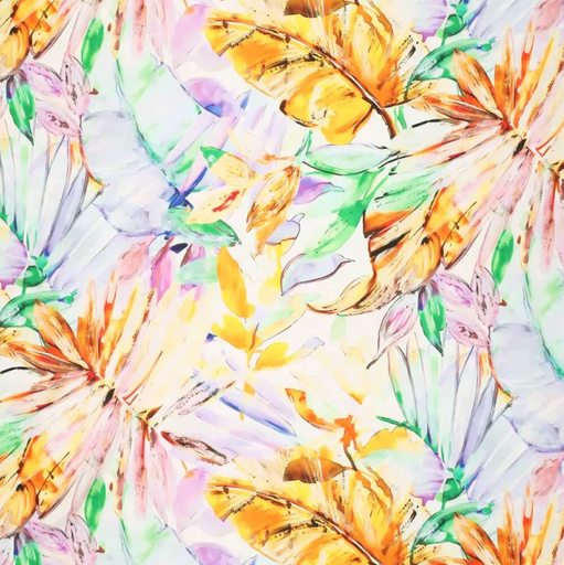 [KI-22589-816] Cezanne Silky Viscose Satin Stretch Maxi Leaves Orange/Lilac