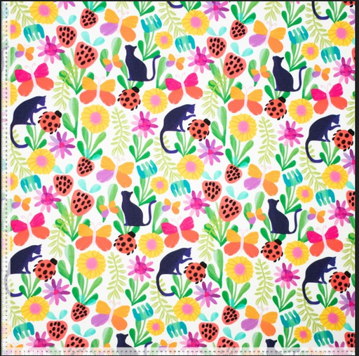 [POL-924703-20] Jersey Katoen Digital Cats and Flowers Off White