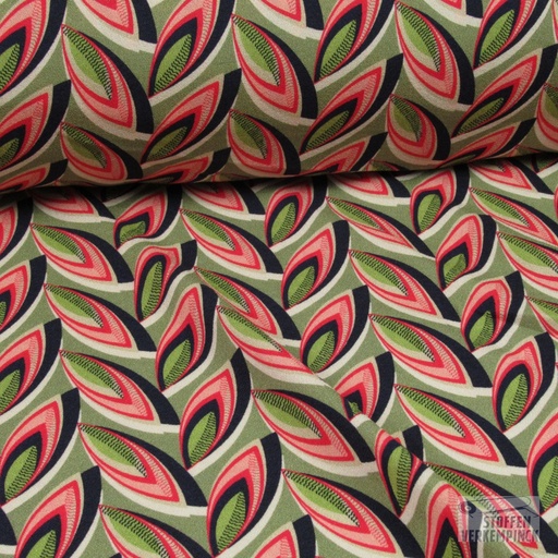 [BEW-1119-01] Crèpe Viscose Blaadjes Groen/Koraal/Navy