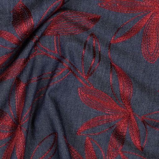 [VE-04761-002] Jeans Broderie Burgundy Flowers Dark Blue