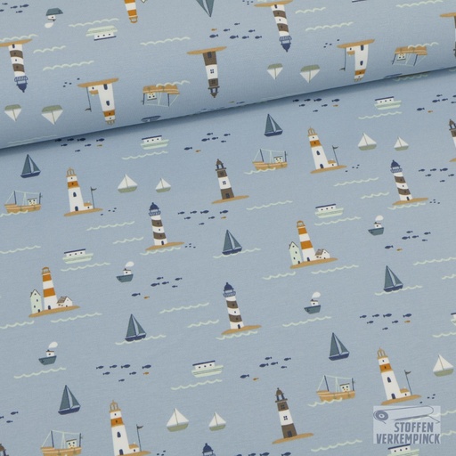 [QT-K10406-920] Jersey Print Nautical Boats Dusty Blue