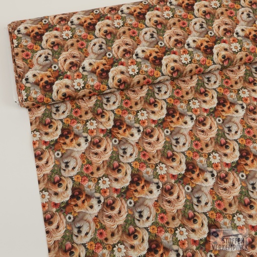 [SPS-9638-01] Popeline Digital Dogs & Flowers Brown