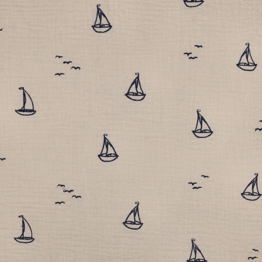 [VE-02481-062] Double Gauze Embroidery Boats Natural