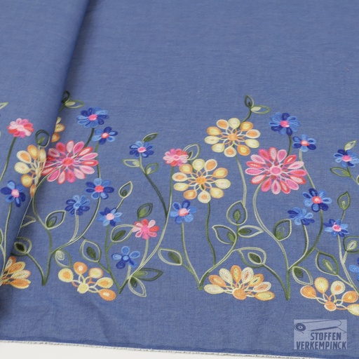[KV-S2810R-3189] Jeans Embroidery 1-side Border Pink/Royal Flowers