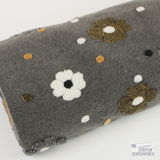 [KV-S2797R-1053] Luxe Coat Fabric 3D Flowers Grey