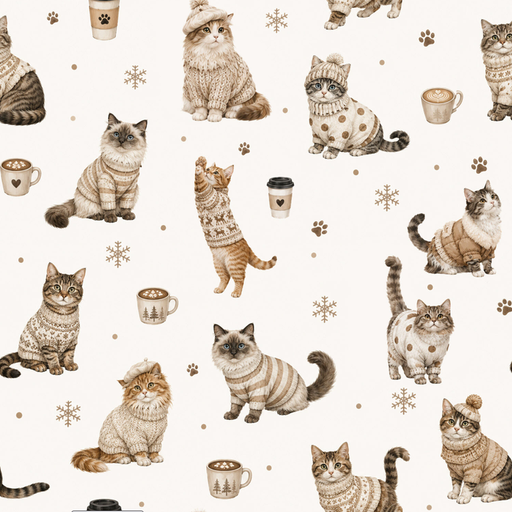[QT-S65023-510] French Terry Digital Brushed Cats Ecru