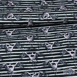 [POL-967131/61] Breedtestretch Satijnkatoen Print Flamingo's & Stripes Black