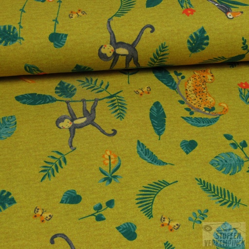 [VE-08421-002] Jersey Digital Print Swinging Monkeys Ochre