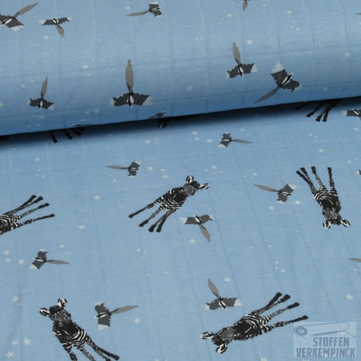 [POL-358003-83] Jersey Dubbeldoek Vogels / Zebra's Licht Blauw