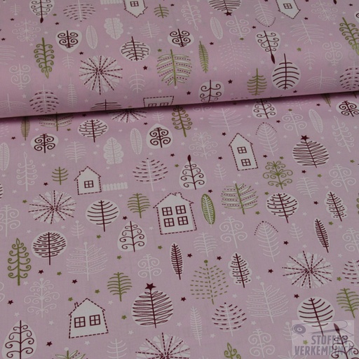 [NO-16715-011] Katoen Kerst Huisjes Verguld/Roze