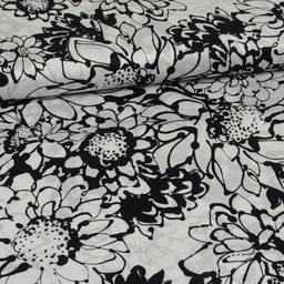 [HE-203317-3001] Katoen Satijn Print Zwarte Bloemen op Wit
