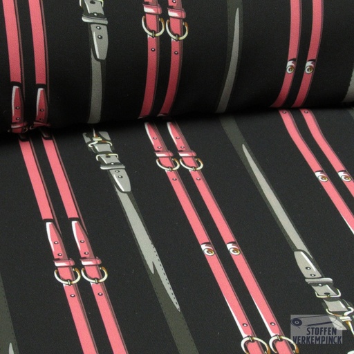 [420-2041] Polyester Print Rose & Grijze Riempjes op Zwart