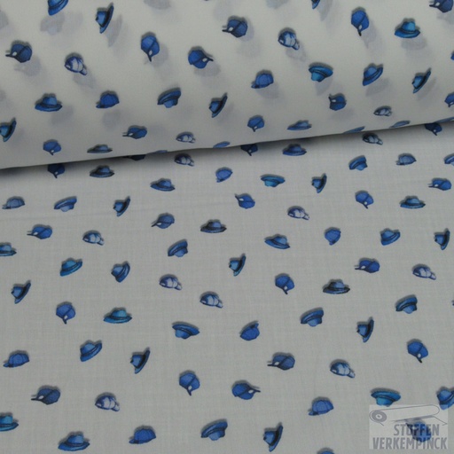[NU-D600-0313B] Popeline Digiprint Hoedjes Wit/Blauw