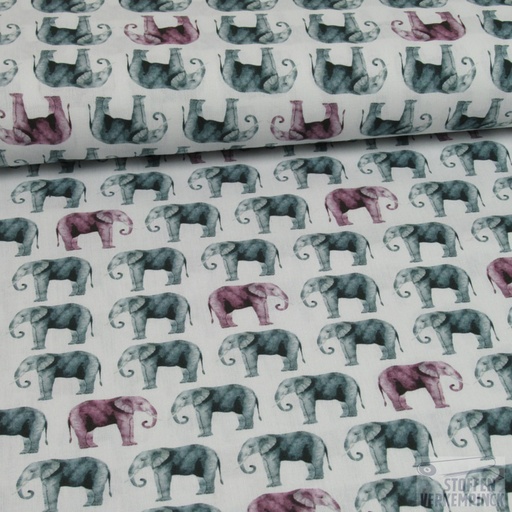 [ZA-009343-01] Popeline Digital Print Olifanten Wit