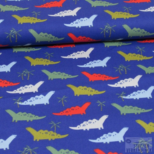 [VE-08362-001] Popeline Print Dinosaurusjes Kobalt