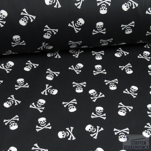 [QT-KC0431-069] Popeline Print Doodshoofdjes Zwart